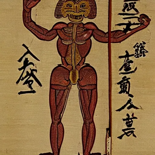 Prompt: an ancient papyrus depicting a japanese yokai's anatomy and information