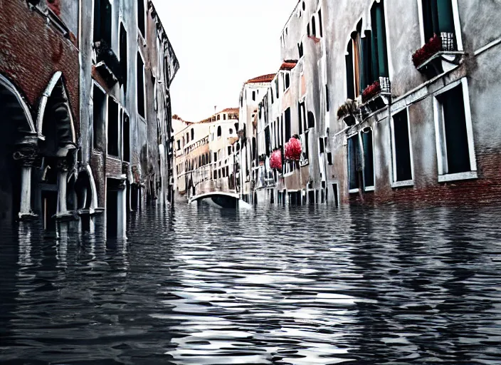 Prompt: Venice completely flooded, underwater photo, fishes, dystopian, dark