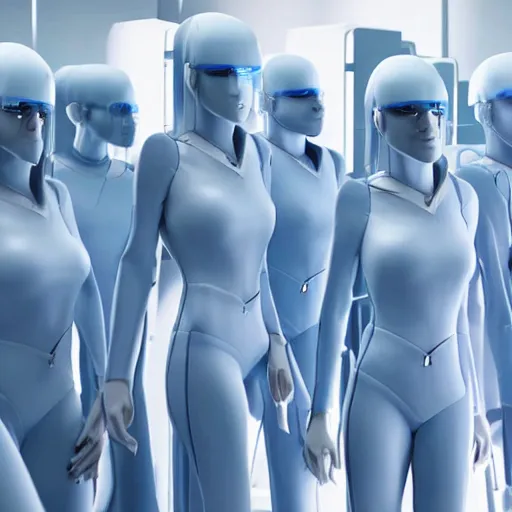 Image similar to troop ofcloned women with white bob hairdos, tight light blue neopren suits, futuristic production facility, sci - fi, highly detailed, cinematic