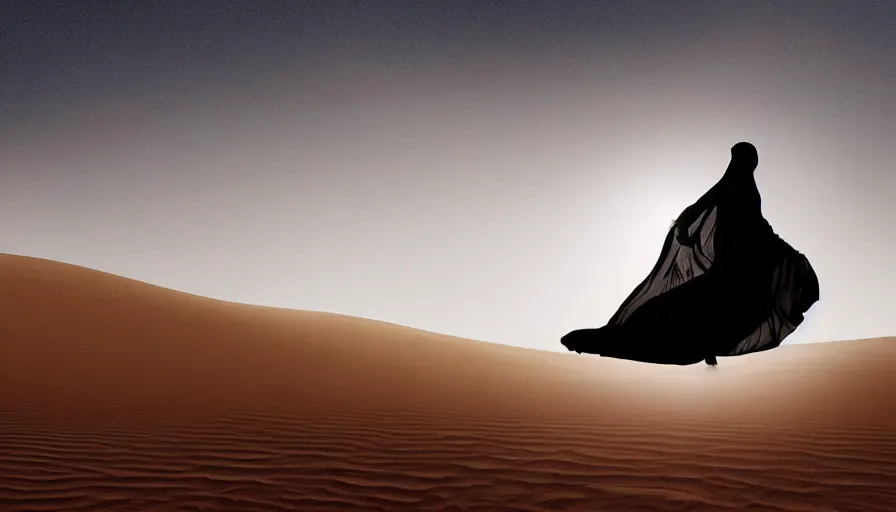 Prompt: arab woman in niqab floating mid - air in the desert, light, shadows, rippling reflections, steam, epic composition, intricate, elegant, volumetric lighting, digital painting, highly detailed, artstation, sharp focus, illustration, concept art, ruan jia, steve mccurry