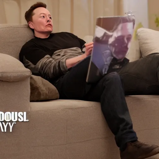 Image similar to elon musk on couch playing call of duty, high detailed,