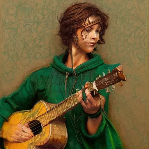 Image similar to racoon bard wearing green tunic holding guitar closeup portrait art by donato giancola and greg rutkowski, vintage retro, realistic face, digital art, trending on artstation, symmetry!!