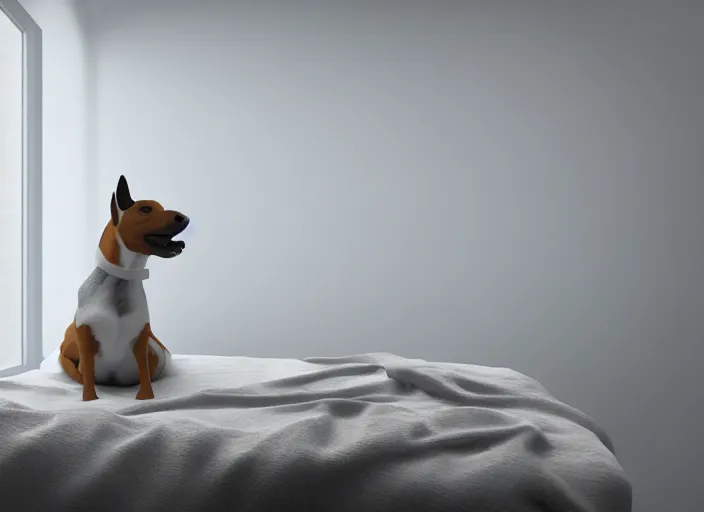 Image similar to photography of a Jack Russel watching outside the window on a bed in a 3d rendered white room, octane render, 3d, foggy, volumetric light, volumetric fog, photorealistic, unreal engine 5