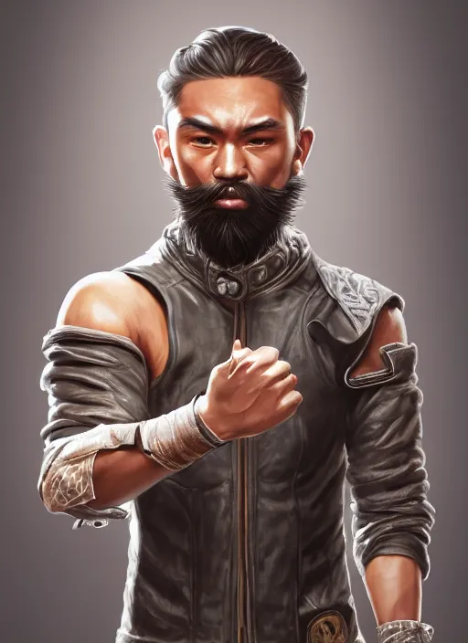 Image similar to a highly detailed illustration of bearded asian man wearing leather jacket with bandaged right hand, focused boxing philly shell stance pose, hands shielding face, intricate, elegant, highly detailed, centered, digital painting, artstation, concept art, smooth, sharp focus, league of legends concept art, WLOP