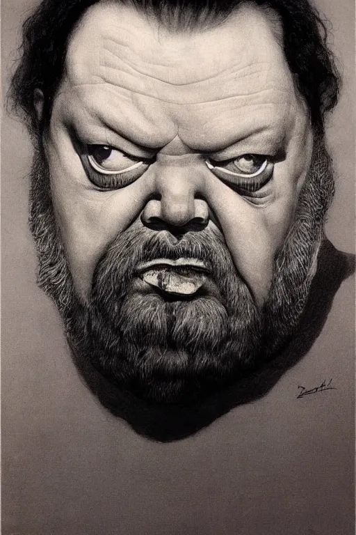 Image similar to portrait of Orson Welles by Zdzislaw Beksinski