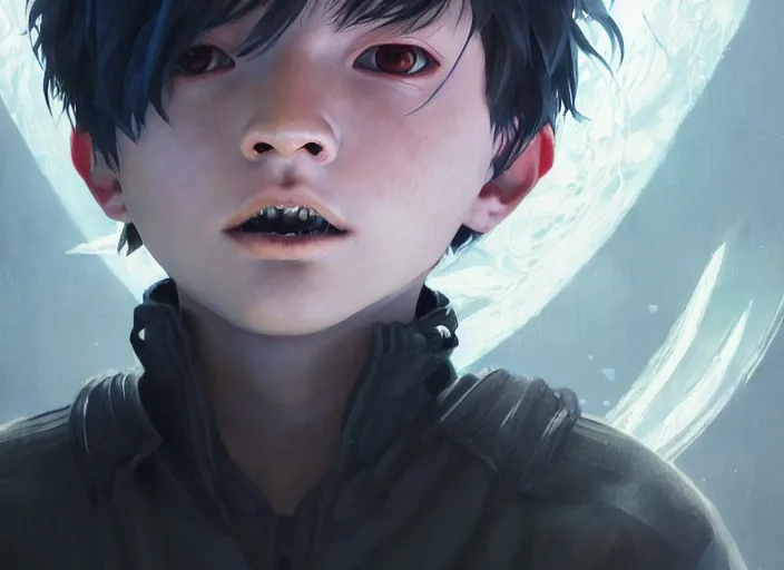 Image similar to highly detailed portrait of a boy with thunder powers, in tokyo ghoul, stephen bliss, 8 k, unreal engine, fantasy art by greg rutkowski, loish, rhads, ferdinand knab, makoto shinkai and lois van baarle, ilya kuvshinov, rossdraws, tom bagshaw, global illumination, radiant light, detailed and intricate environment