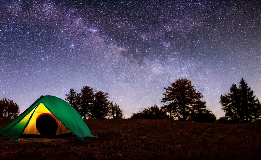 Prompt: night photography of the night sky with stars with a tent and fireplace in foreground
