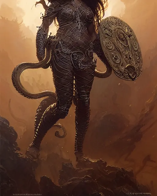 Prompt: fierce beautiful medusa in full body armor, fantasy character portrait, ultra realistic, concept art, intricate details, highly detailed by greg rutkowski, gaston bussiere, craig mullins, simon bisley