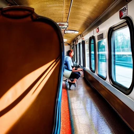 Prompt: photo of a train interior, a brown hamster is sitting on a seat, various poses, unedited, soft light, sharp focus, 8 k