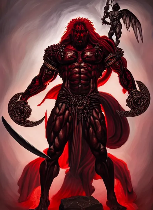 Image similar to portrait of aggressive demonic damned heracles slaying an angel, d & d, muscular! athetic slim bodybuilder, red and black, futuristic, fantasy, intricate, elegant, highly detailed, digital painting, artstation, concept art, smooth, sharp focus, illustration, art by artgerm and greg rutkowski and alphonse mucha