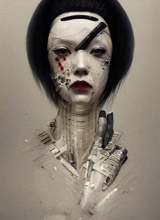 Image similar to portrait of a futuristic geisha cyborg, in the style of ghost in the shell, kintsugi, modern fine art, fractal, intricate, elegant, highly detailed, digital photography, richard avedon and greg rutkowski,