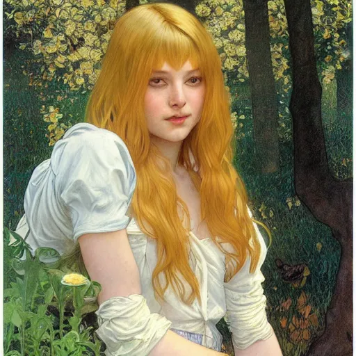 Image similar to A young woman with blonde long hair and bangs in shorts and white shirt drawn by Donato Giancola and Jon Foster, frank frazetta, alphonse mucha, background by James Jean and gustav klimt, 4k, volumetric lighting, french nouveau, trending on artstation, octane render, hyperrealistic