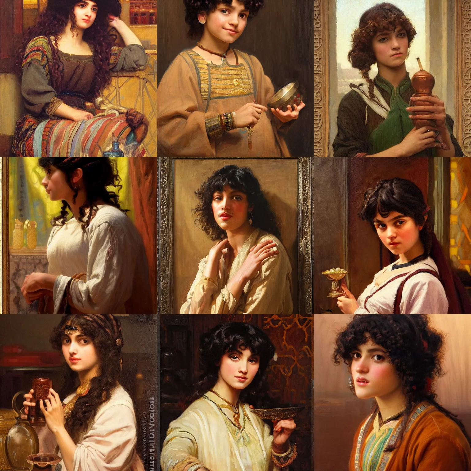 Prompt: orientalism portrait of a cute alchemist with bangs and curls and brown skin by Edwin Longsden Long and Theodore Ralli and Nasreddine Dinet and Adam Styka, masterful intricate artwork. Oil on canvas, excellent lighting, high detail 8k