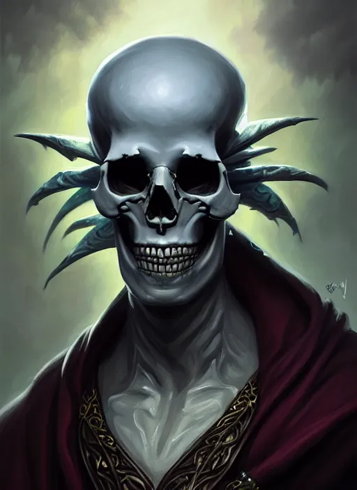 Image similar to a _ fantasy _ style _ portrait _ painting _ of skull head lich, dnd, wicked, oil _ painting _ unreal _ 5 _ daz. _ rpg _ portrait _ extremely _ detailed _ artgerm _ greg _ rutkowski _ greg