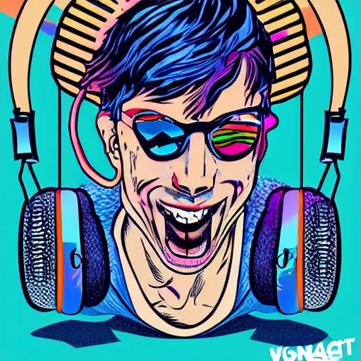 Prompt: artgerm, psychedelic johnny rotton giving you the middle finger, rocking out, headphones dj rave, digital artwork, r. crumb, svg vector