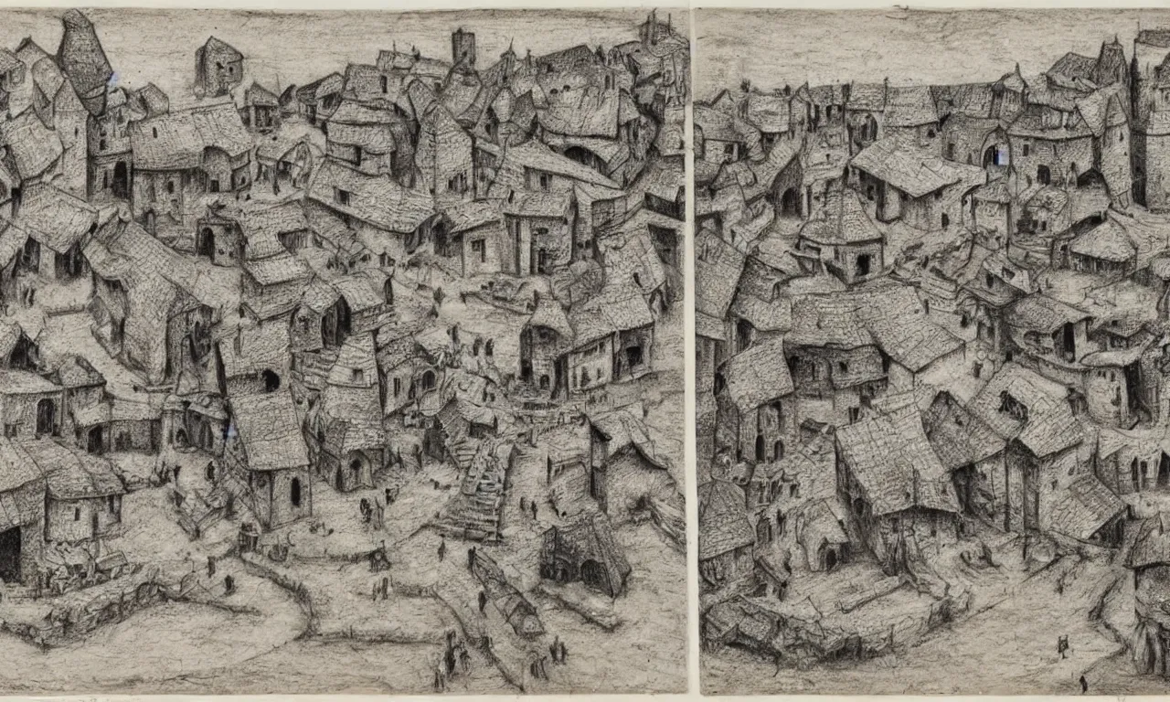 Prompt: Stereoscopic 3D photo of a medieval village dioram, High detailed drawing