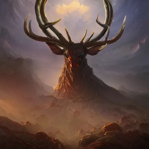 Prompt: giant warrior stag in a vortex of rock, 8 k resolution fantasy painting, eyes, cinematic lighting, deviantart artstation, jason felix steve argyle tyler jacobson peter mohrbacher