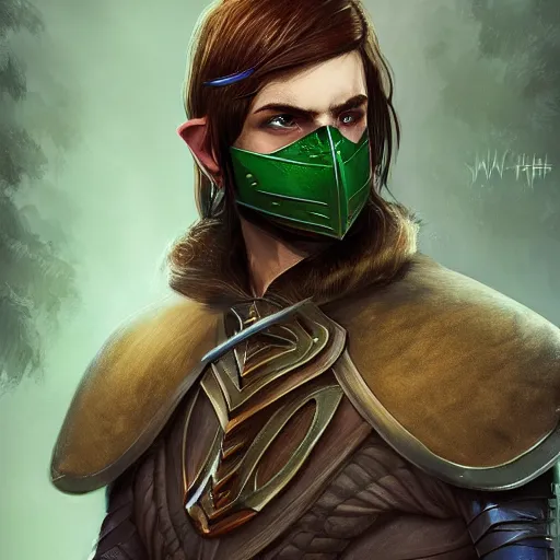 Image similar to Male Wood Elf Rogue, dnd, d&d, dark blue leather armor, black cloth mask, Chest Guard, Brown Hair, green eyes, high fantasy, , HD, Trending on Artstation. Head and Shoulder matte painting portrait by wlop