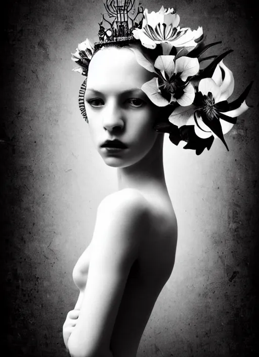 Image similar to a black and white high quality dreamy photo of a young beautiful female queen-pale dragon-vegetal-many big steampunk flowers-cyborg bust with a very long neck, elegant, highly detailed, poetic, soft, dreamy, mysterious, high fashion, in the style of Diane Arbus, Realistic, Refined, Digital Art, Highly Detailed, Cinematic Lighting, rim light, black and white, photo-realistic, 8K