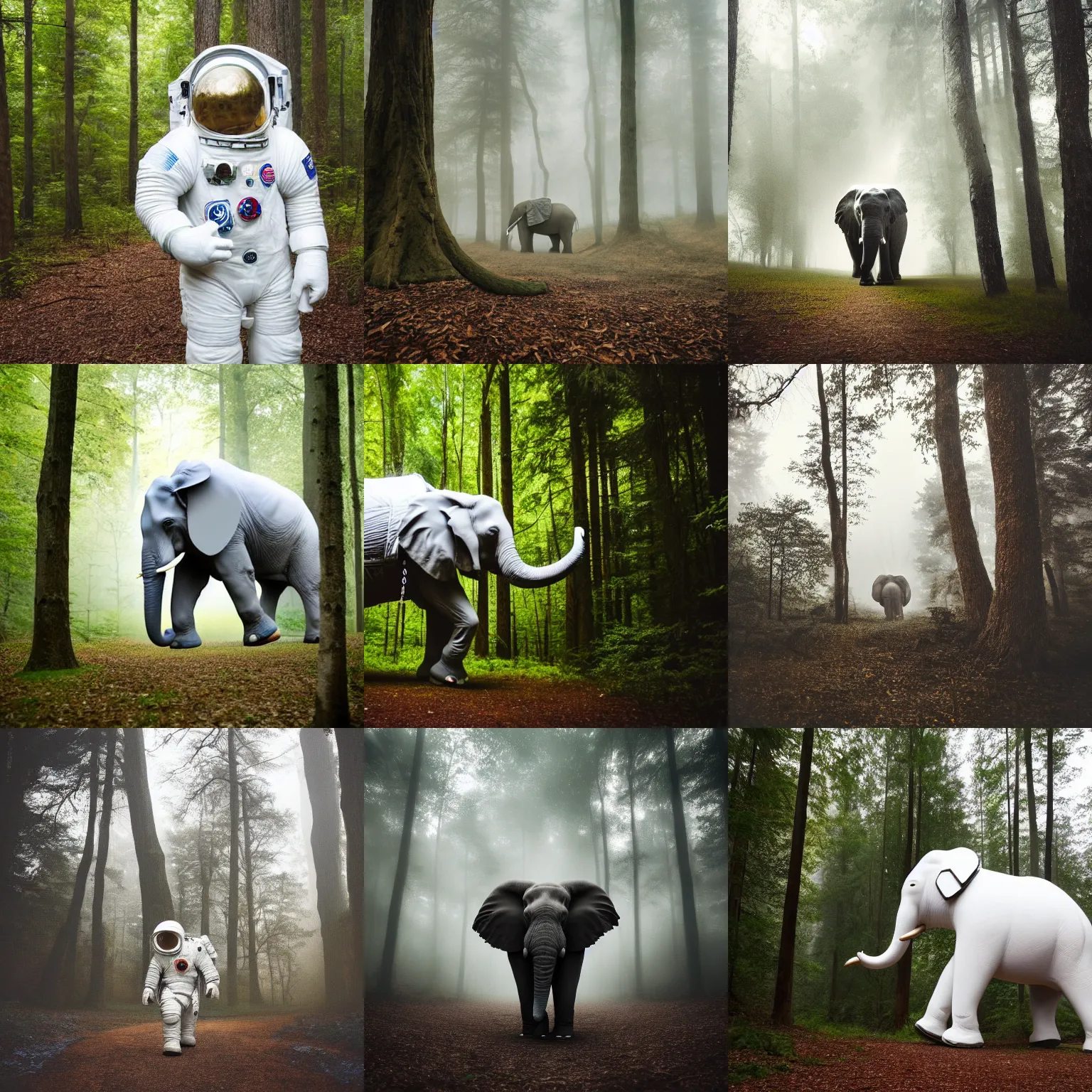 Prompt: giant elephant in white spacesuit as astronaut in the woods, foggy mood, overcast bokeh - c 7