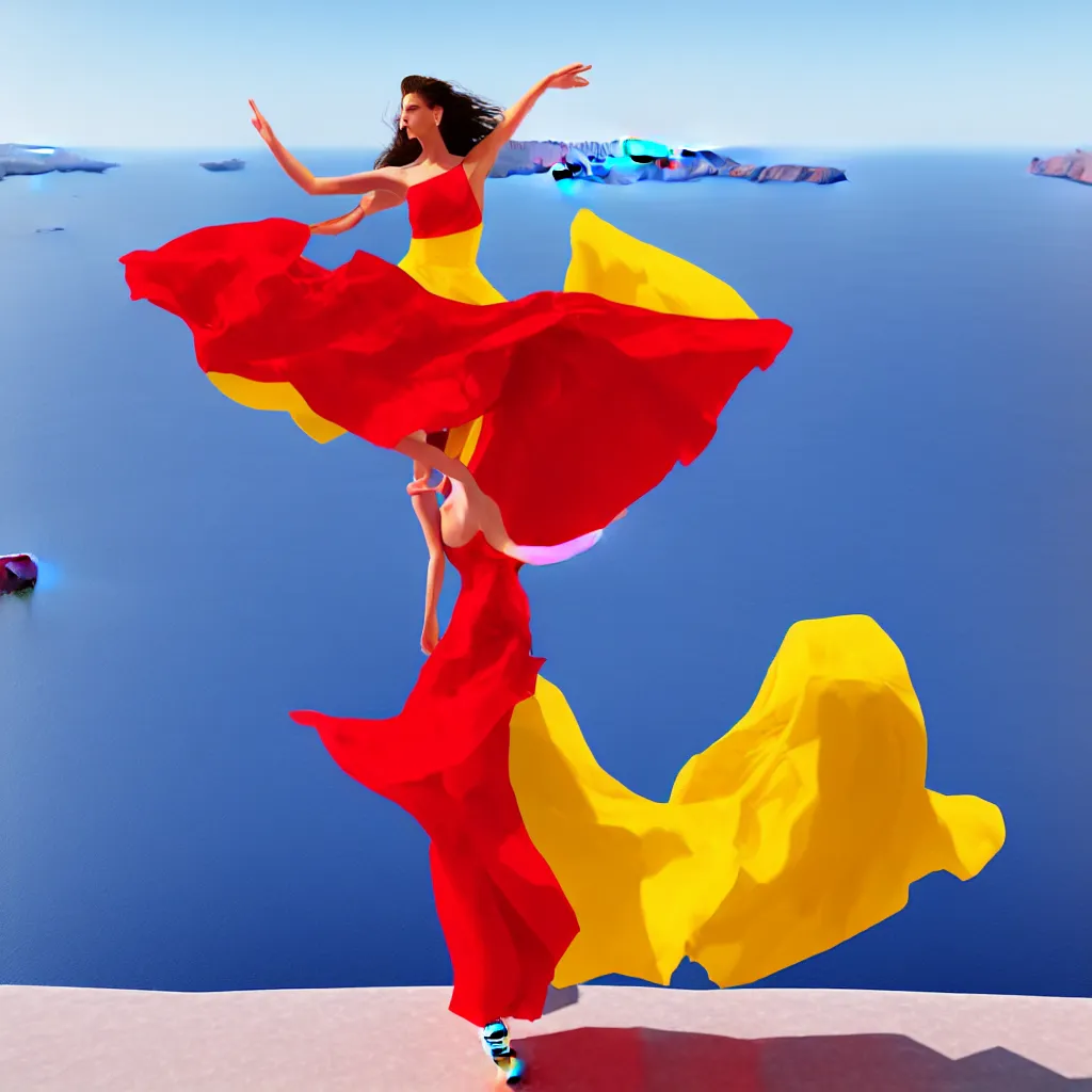 Prompt: beautiful modern dancer wearing a red and yellow and blue swirling dress, standing on a Santorini terrace looking at the ocean, cinematic, hyperrealistic, octane render, dynamic lighting