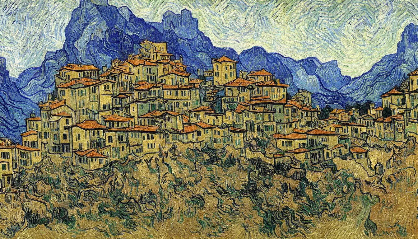 Prompt: an italian town in the dolomites mountains, by vincent van gogh