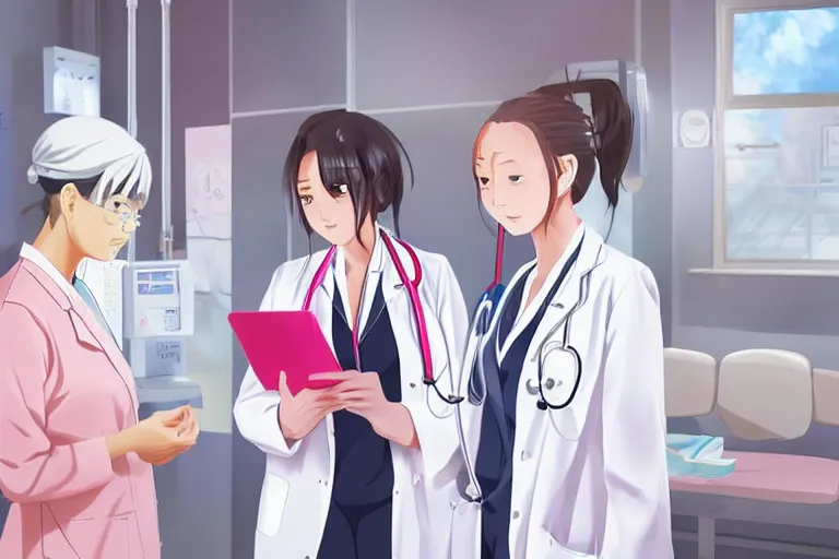 Prompt: a beautiful young female doctor wearing white coat are talking with a nurse wearing pink coat in a hospital ward, highly detailed, digital painting, slice of life anime, anime scenery by Makoto shinkai