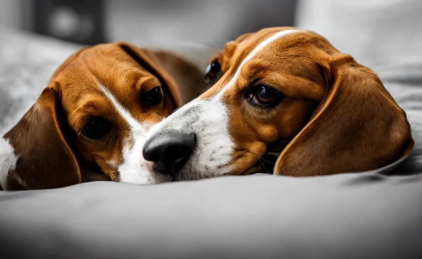 Image similar to beagle dog on a bed, photojournalism, award winning photo by national geographic, 8 k