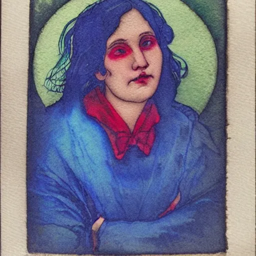 Prompt: luminist chiaroscuro ambrotype etching portrait!!!!!! of librarian, vibrant colors, cobalt blue and venetian red, art nouveau, watercolor wash over inks