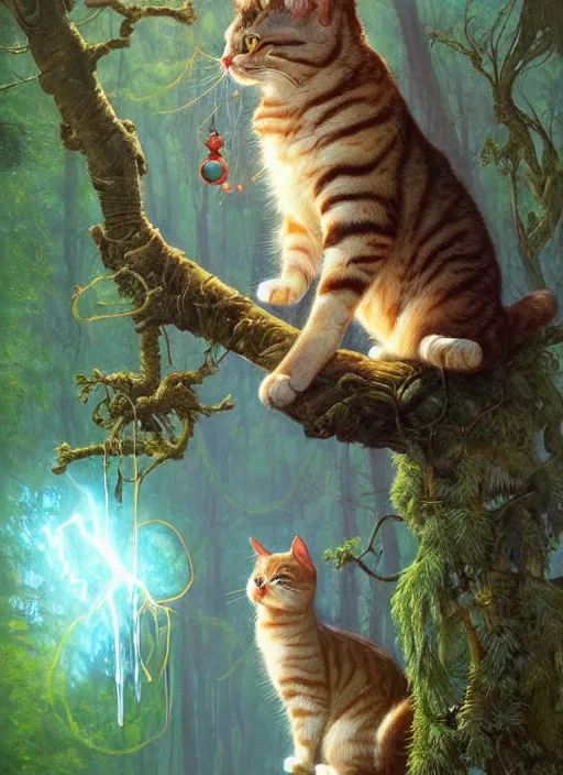 Image similar to a hyper realistic cat god with happy lighting and technology jewelry in the woods gorgeous lighting, sunbeams blue sky, lush forest foliage painting by chiara bautista and beksinski and norman rockwell and greg rutkowski weta studio, and lucasfilm