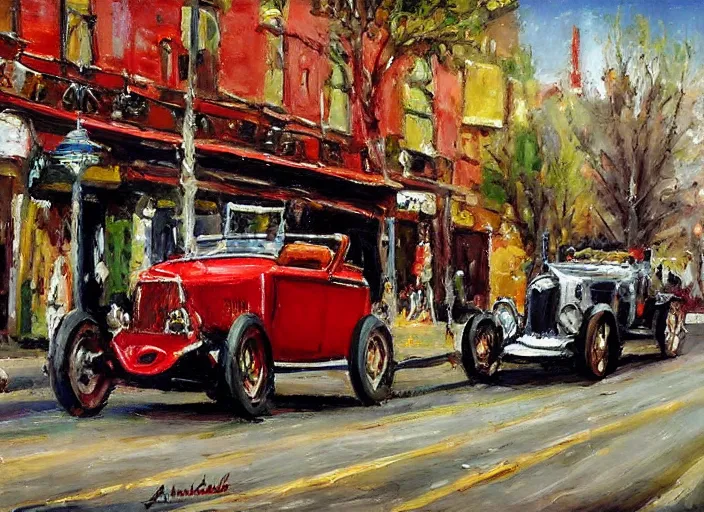 Image similar to hotrods driving down a street , vintage, highly detailed, by Antoine blanchard