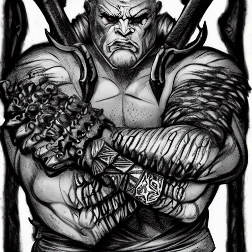 Prompt: frost giant, with a battleaxe, tribal tattoos, very muscular, large fists, fantasy, d & d, intricate, detailed, by greg ruthowski, trending on artstation, smooth, sharp focus