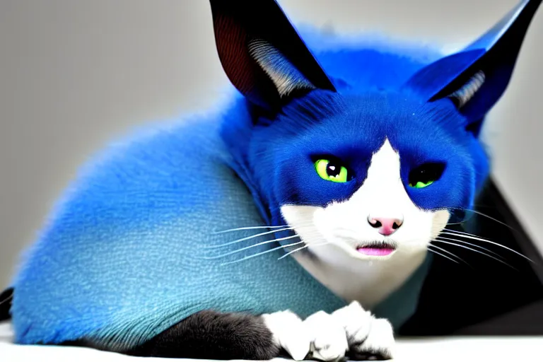 Image similar to a blue - and - black male blue / green heterochromatic catbat fursona with blue / green heterochromatic eyes ( differently - colored eyes, one green, one blue ) and huge bat ears, photo of the catbat streaming on his computer