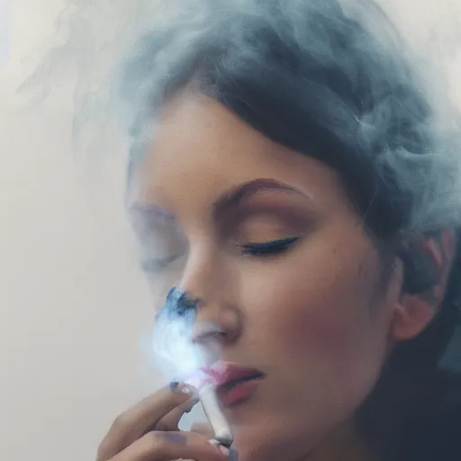 Prompt: a beautiful photo of a smoking person. smoke. impressionism. matte painting. octane render