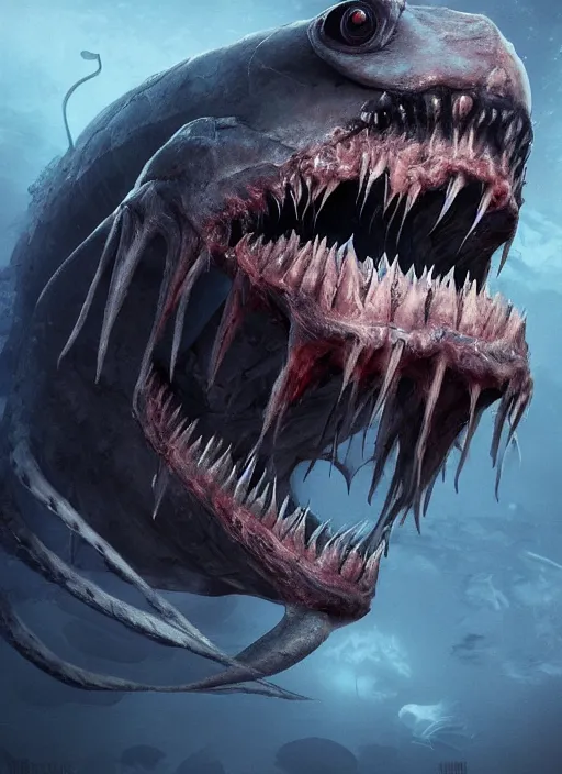 Image similar to terrifying sea creature, big teeth, ominous, scary, horror, realistic, digital art, photorealism, trending on artstation