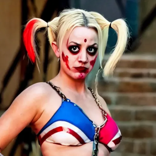 Image similar to A still of Kaley Cuoco as Harley Quinn