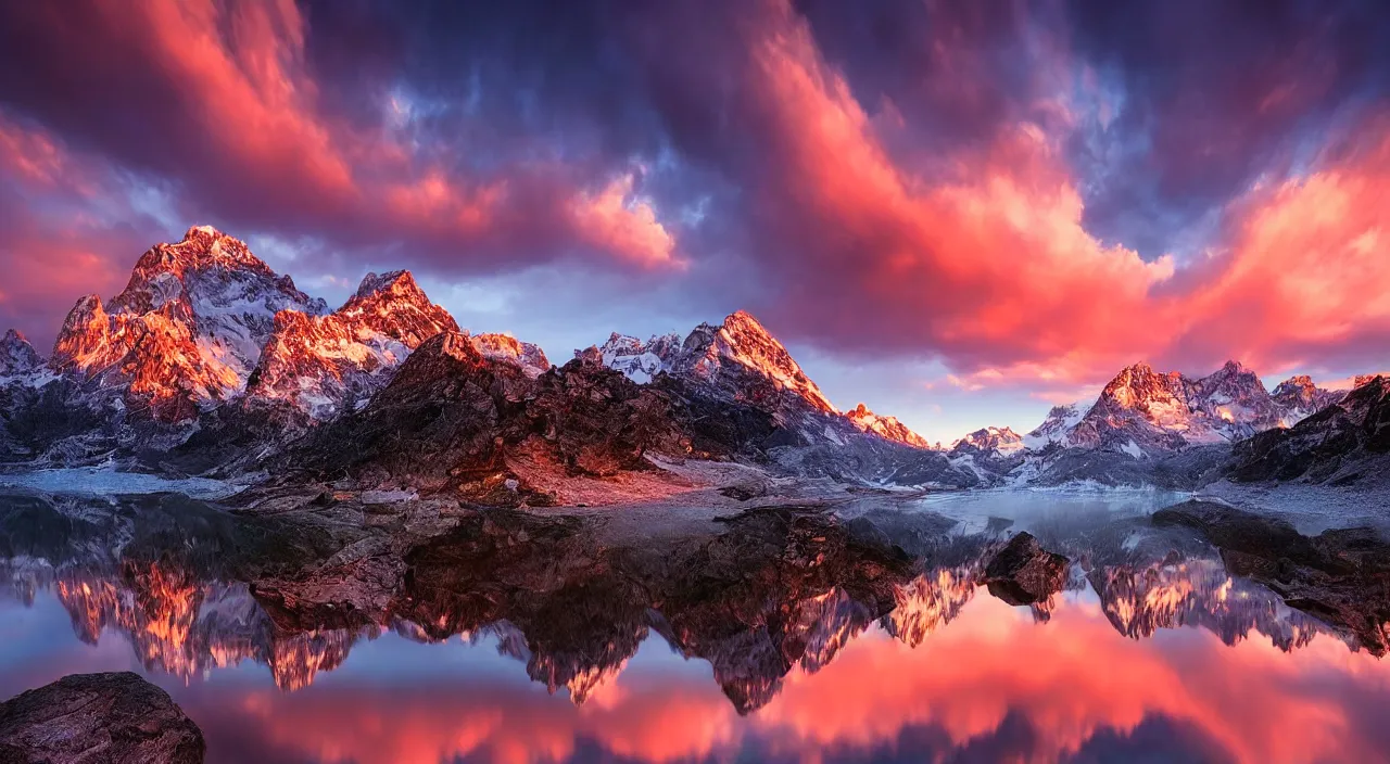 Image similar to amazing landscape photo of mountains with lake in sunset by marc adamus, beautiful dramatic lighting