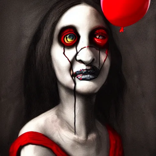 Image similar to surrealism grunge cartoon portrait sketch of raven with a wide smile and a red balloon by - michael karcz, loony toons style, mona lisa style, horror theme, detailed, elegant, intricate