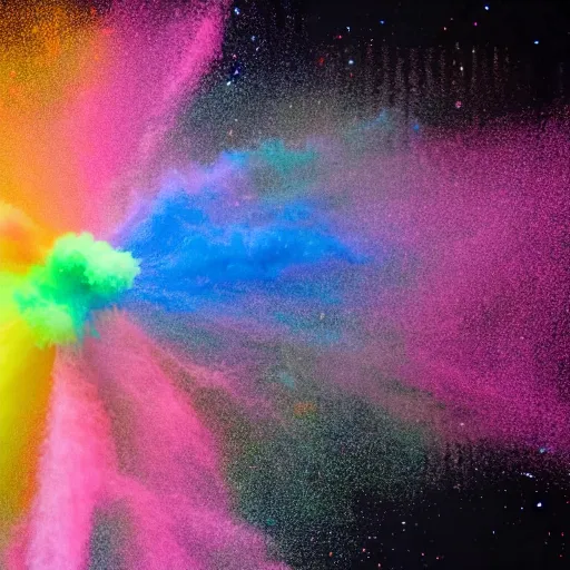 Image similar to A centered explosion of colorful powder on a black background