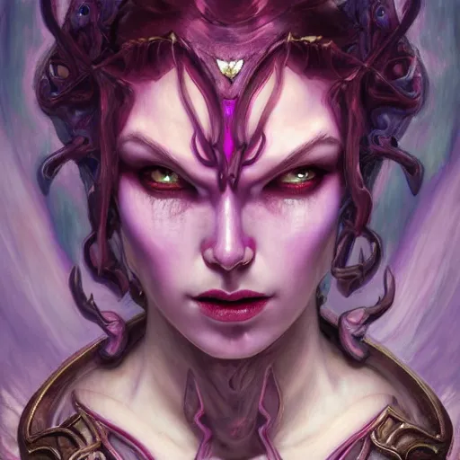 Prompt: Masterpiece head and shoulders portrait of Fiora from League of Legends of Arcane animated Series as demon with glowing eyes with pink and blue short hair and arcane armor drawn by Donato Giancola and Tom Bagshaw, Edmund Leighton, Alphonse Mucha, background by James Jean and Gustav Klimt, 4k, porcelain skin, volumetric lighting, komorebi, french nouveau, trending on artstation, octane render, hyperrealistic