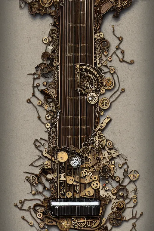 Image similar to an artistic representation of a fretboard, steampunk, intricate details