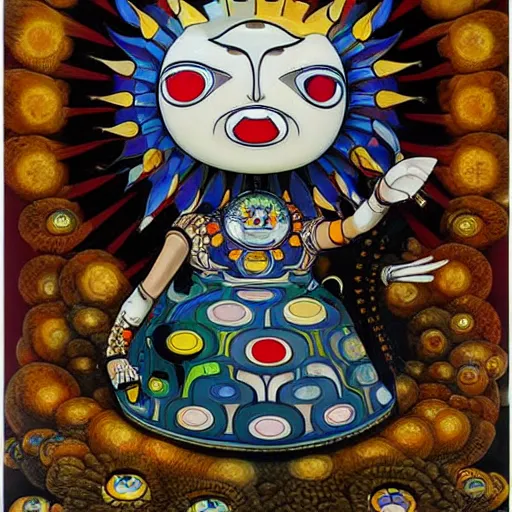 Image similar to the queen of the sun by takashi murakami and h.r. giger, full body, oil on canvas, intricately detailed artwork, full 8k high quality resolution, recently just found unknown masterpiece