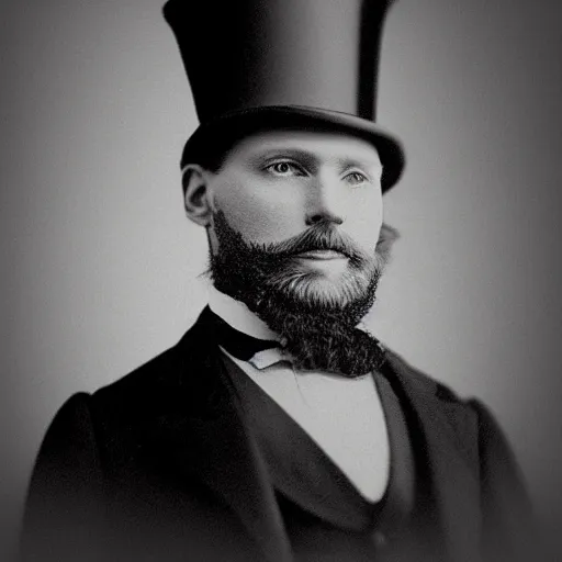 Image similar to A photograph portrait of Jerma985 in the mid-late 1800s with a top hat and beard, taken in the mid-late 1800s, grainy, taken on a Field View Camera, realistic, hyperrealistic, very realistic, highly detailed, very detailed, extremely detailed, detailed, digital art, trending on artstation