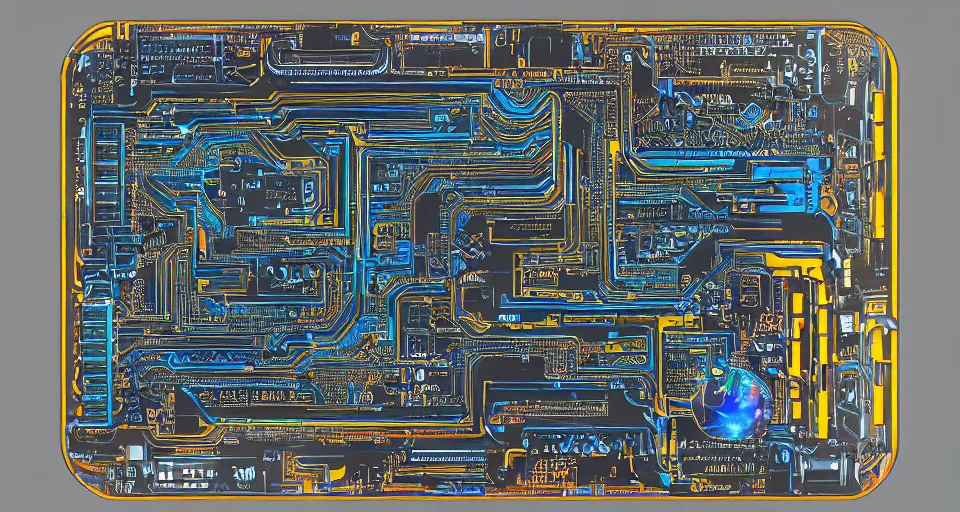 Image similar to distant product photography framing. digitally painted render of a small square fantasy vacuum - tube motherboard made and powered by crystalline circuitry. trending on artstation. artificer's lab bg. premium print by angus mckie and james gurney. bismuth materials