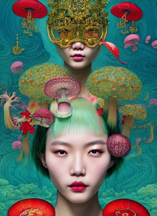 Prompt: pretty chinese model with hallucination mushroom : : by martine johanna and simon stalenhag and chie yoshii and casey weldon and wlop : : ornate, dynamic, particulate, rich colors, intricate, elegant, highly detailed, centered, vogue, harper's bazaar art, fashion magazine, smooth, sharp focus, octane render, 8 k