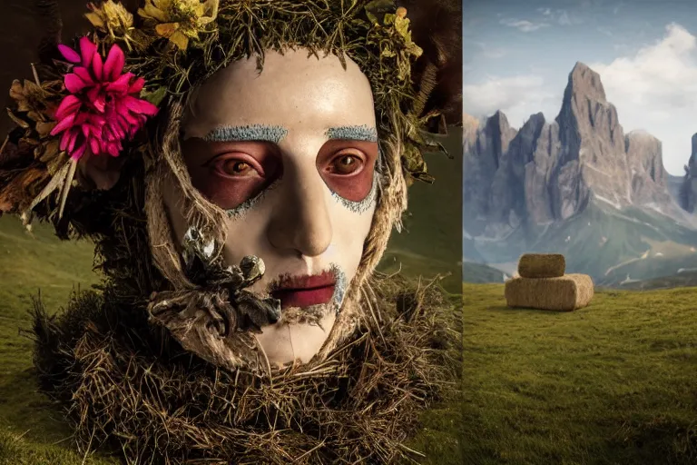 Image similar to portrait of a tyrolean folklore mask, wearing hay coat, with horns, eerie, flowers growing out of his body, dolomites in the background, detailed intricate insanely detailed octane render, 8k artistic 1920s photography, photorealistic, chiaroscuro, by David Cronenberg, Raphael, Caravaggio