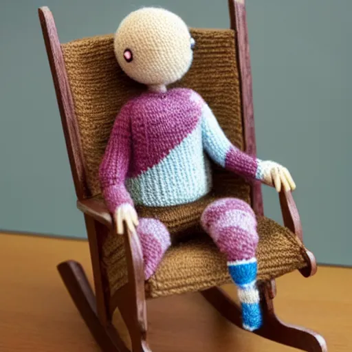 Image similar to Knitted yarn doll Ryan Gosling sits on a rocking chair, realism, proportions,