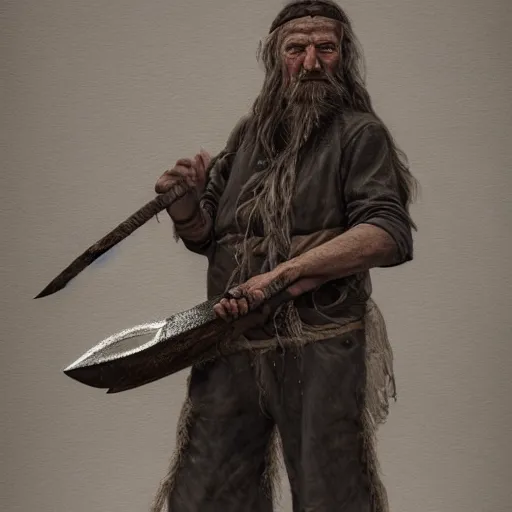 Prompt: realistic a human hobo druid with an axe beak, fantasy book, high detail, 8 k, octane render painting, dark fantasy