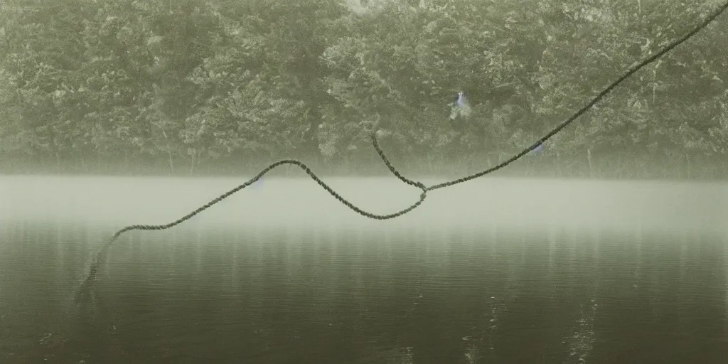 Image similar to symmetrical color photograph of an infinitely long rope submerged on the surface of the water, the rope is snaking from the foreground towards the center of the lake, a dark lake on a cloudy day, trees in the background, moody scene, anamorphic lens