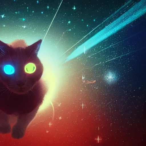 Prompt: reflection of planets and stars in the eye of a cute cat, volumetric lighting, glowing lights, 4k, octane, digital painting, artstation